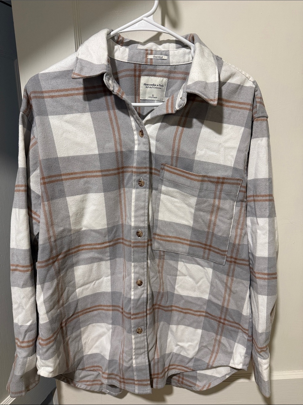 Abercrombie & Fitch Cream, Gray & Brown Plaid Button-Down Shirt